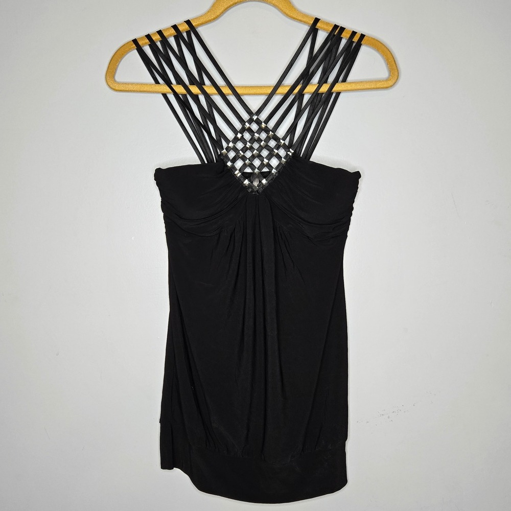 Y2K Black Rhinestone Caged Strap Tunic Tank Top Mini Dress Small McBling Goth